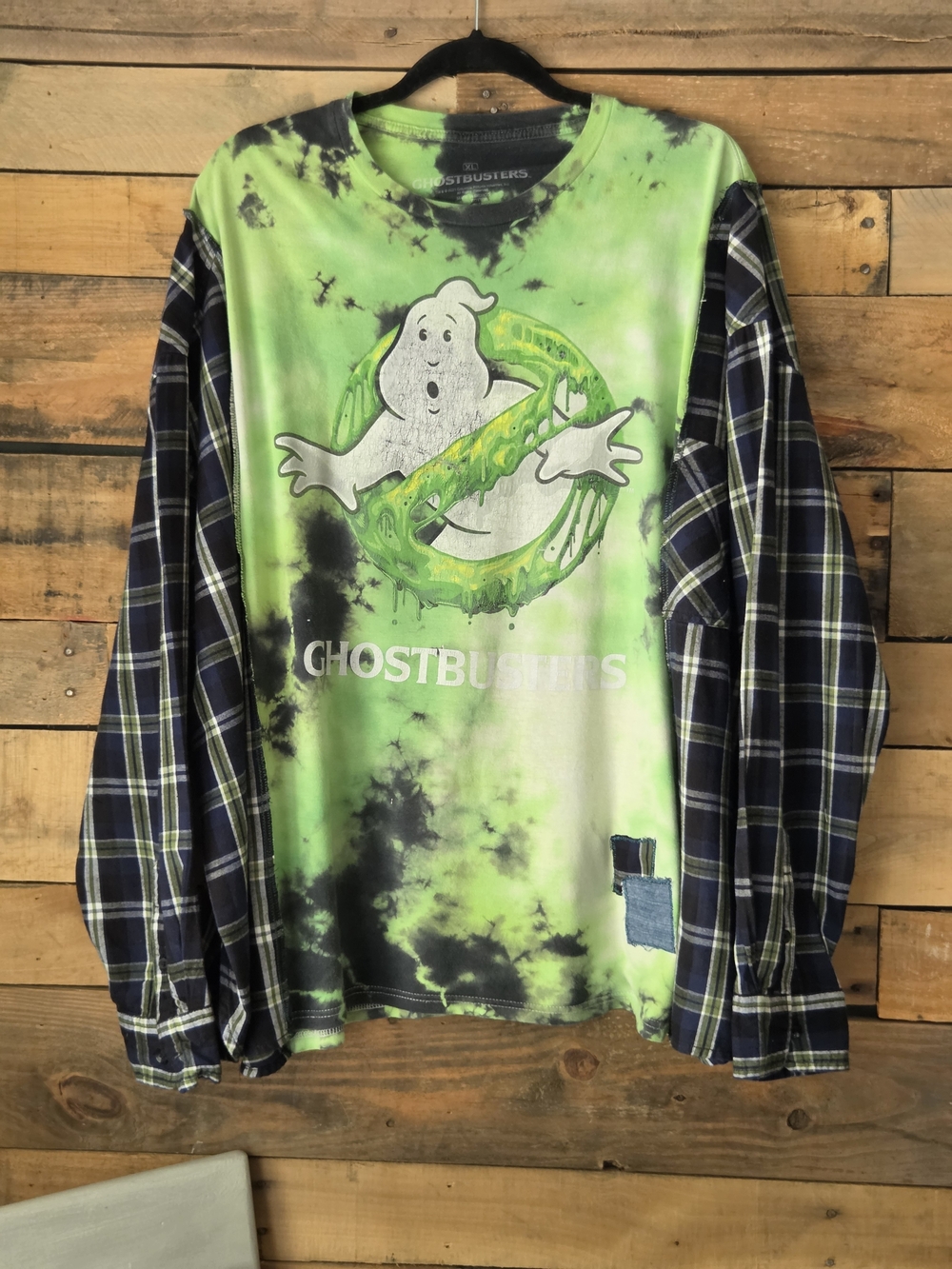 Upcycled Ghostbusters Tie-Dye Green Graphic Tee with Plaid Sleeves